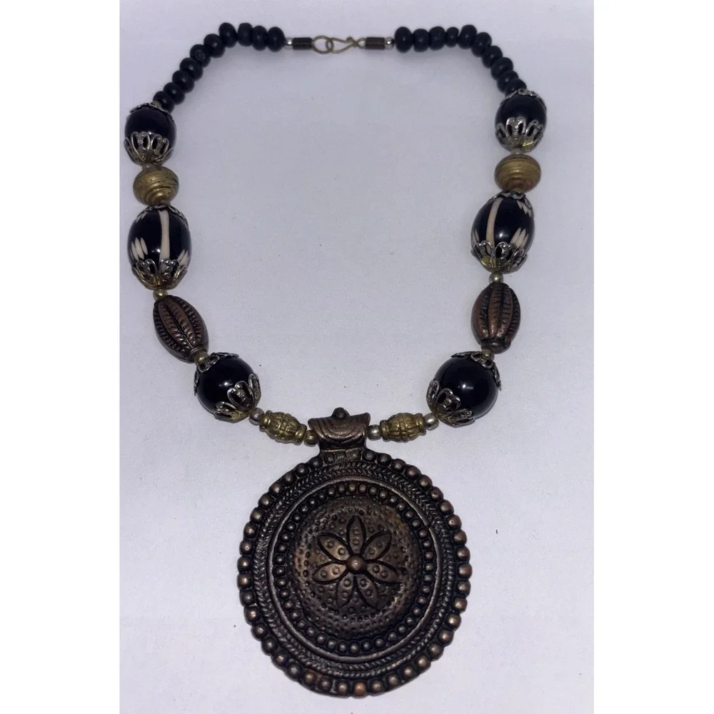 Vintage Tribal Style Bronze Metal Floral Pendent  Beaded Necklace